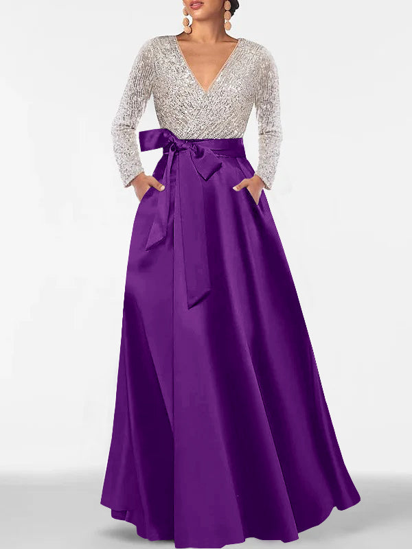 A-Line V-Neck Long Sleeves Floor-Length Mother of the Bride Dress