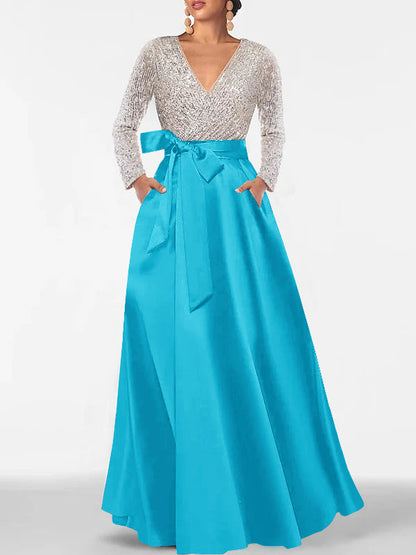 A-Line V-Neck Long Sleeves Floor-Length Mother of the Bride Dress