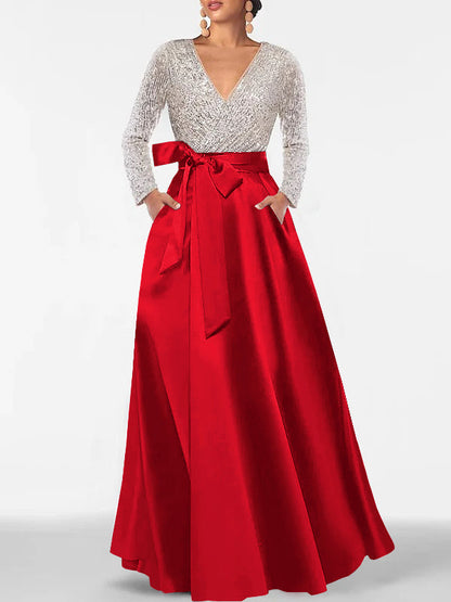 A-Line V-Neck Long Sleeves Floor-Length Mother of the Bride Dress