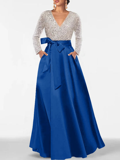 A-Line V-Neck Long Sleeves Floor-Length Mother of the Bride Dress