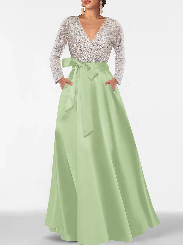A-Line V-Neck Long Sleeves Floor-Length Mother of the Bride Dress