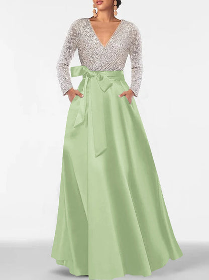 A-Line V-Neck Long Sleeves Floor-Length Mother of the Bride Dress