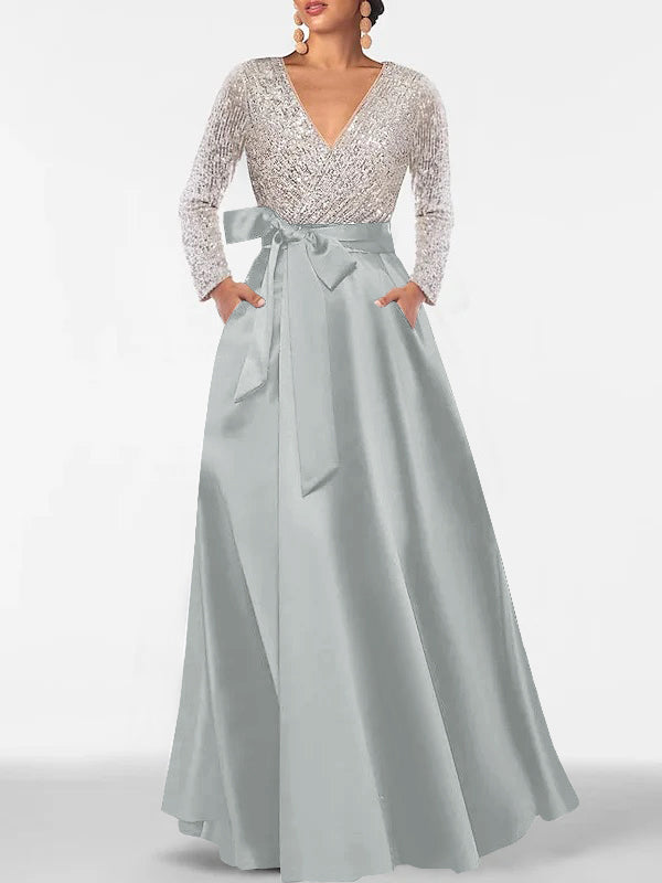 A-Line V-Neck Long Sleeves Floor-Length Mother of the Bride Dress