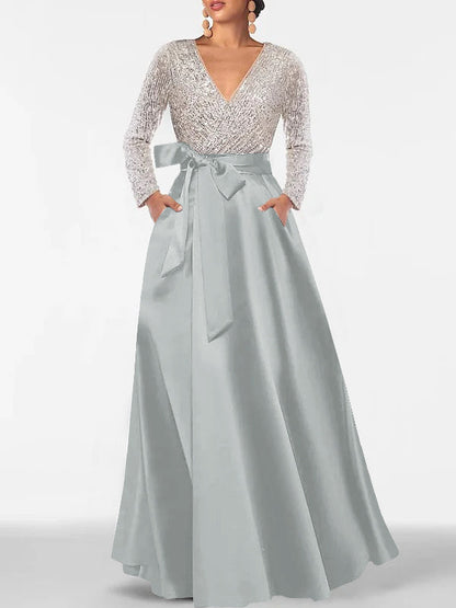 A-Line V-Neck Long Sleeves Floor-Length Mother of the Bride Dress