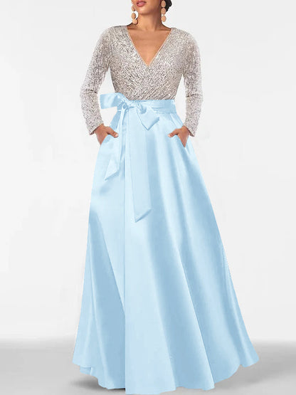A-Line V-Neck Long Sleeves Floor-Length Mother of the Bride Dress
