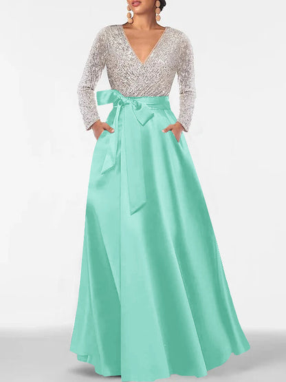 A-Line V-Neck Long Sleeves Floor-Length Mother of the Bride Dress