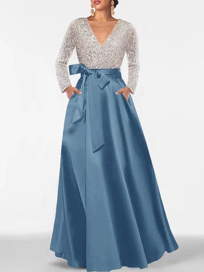 A-Line V-Neck Long Sleeves Floor-Length Mother of the Bride Dress