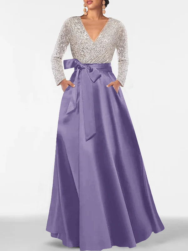 A-Line V-Neck Long Sleeves Floor-Length Mother of the Bride Dress