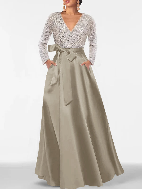 A-Line V-Neck Long Sleeves Floor-Length Mother of the Bride Dress