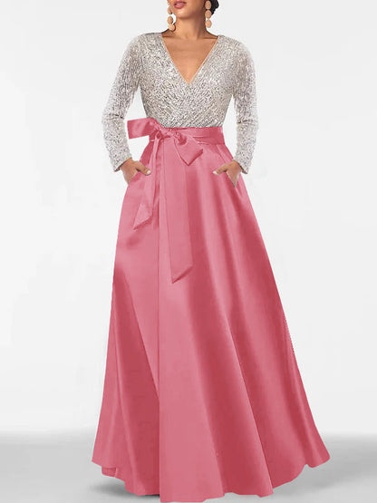 A-Line V-Neck Long Sleeves Floor-Length Mother of the Bride Dress