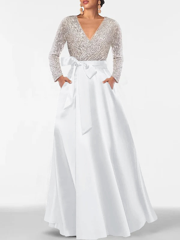 A-Line V-Neck Long Sleeves Floor-Length Mother of the Bride Dress