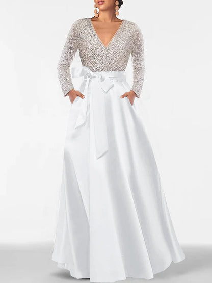 A-Line V-Neck Long Sleeves Floor-Length Mother of the Bride Dress