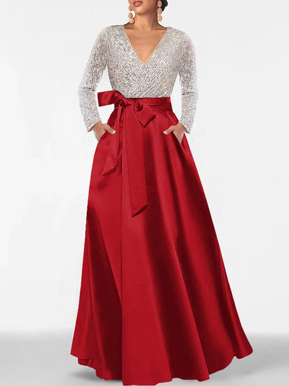 A-Line V-Neck Long Sleeves Floor-Length Mother of the Bride Dress