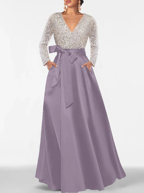 A-Line V-Neck Long Sleeves Floor-Length Mother of the Bride Dress