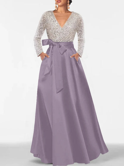 A-Line V-Neck Long Sleeves Floor-Length Mother of the Bride Dress