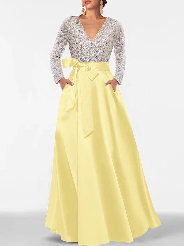 A-Line V-Neck Long Sleeves Floor-Length Mother of the Bride Dress