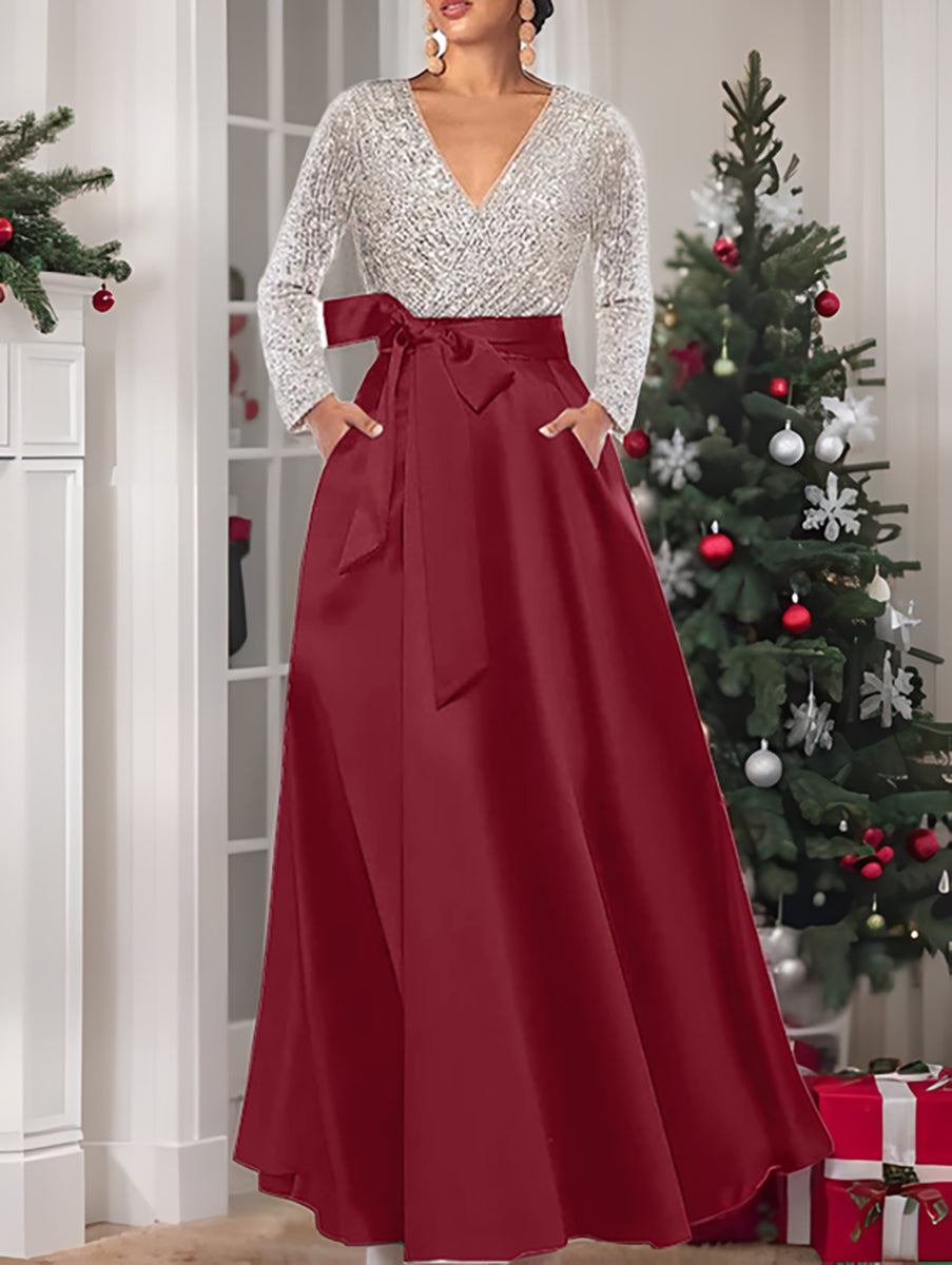 A-Line V-Neck Long Sleeves Floor-Length Mother of the Bride Dress