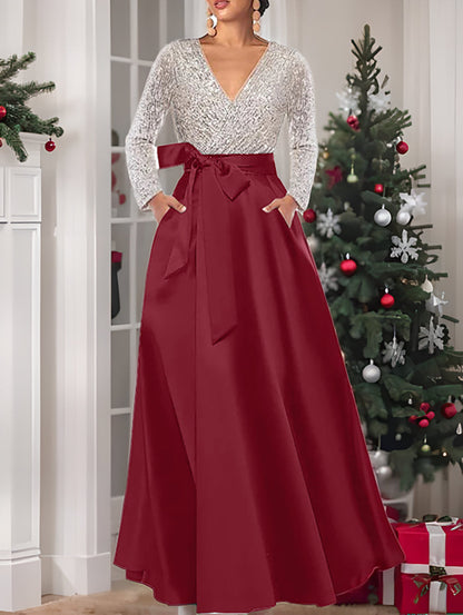 A-Line V-Neck Long Sleeves Floor-Length Mother of the Bride Dress