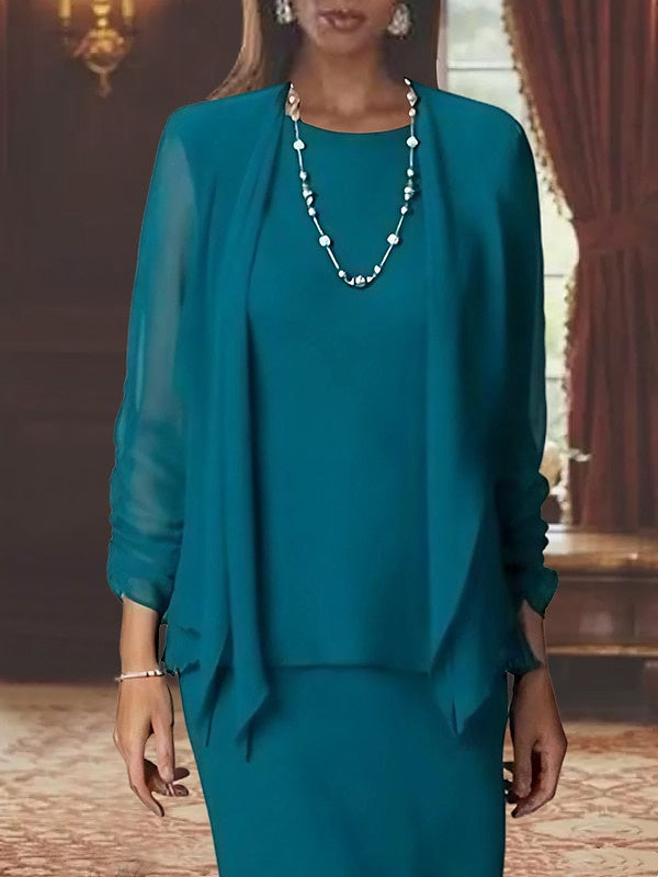 Sheath Scoop Neck Long Sleeves Floor-Length Mother of the Bride Dress