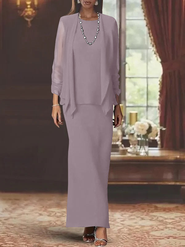 Sheath Scoop Neck Long Sleeves Floor-Length Mother of the Bride Dress