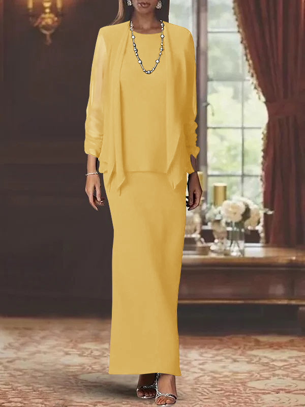 Sheath Scoop Neck Long Sleeves Floor-Length Mother of the Bride Dress