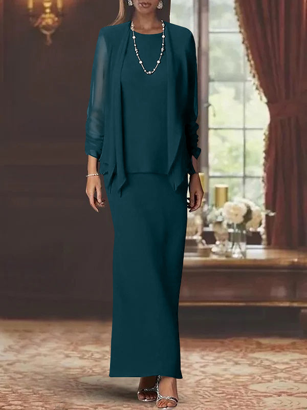 Sheath Scoop Neck Long Sleeves Floor-Length Mother of the Bride Dress