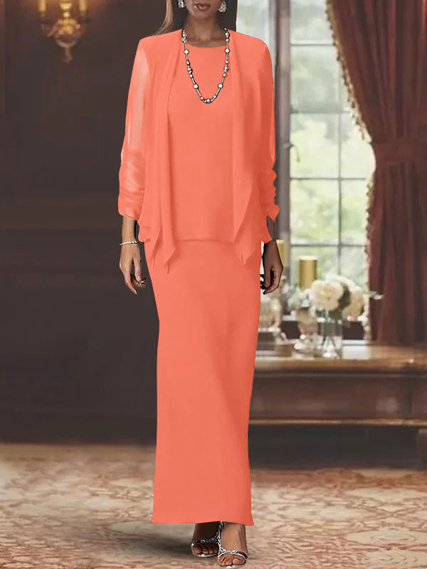 Sheath Scoop Neck Long Sleeves Floor-Length Mother of the Bride Dress