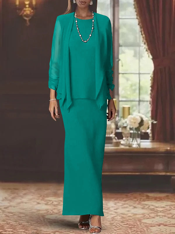 Sheath Scoop Neck Long Sleeves Floor-Length Mother of the Bride Dress