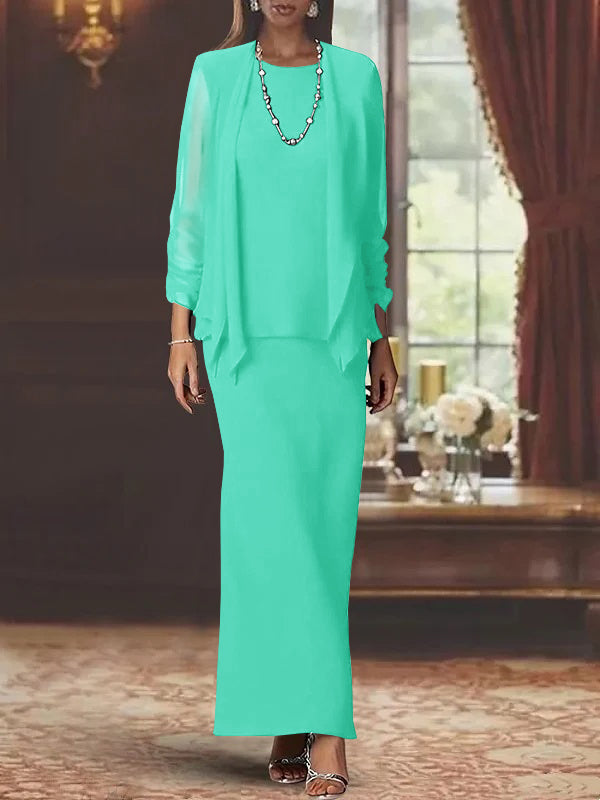 Sheath Scoop Neck Long Sleeves Floor-Length Mother of the Bride Dress