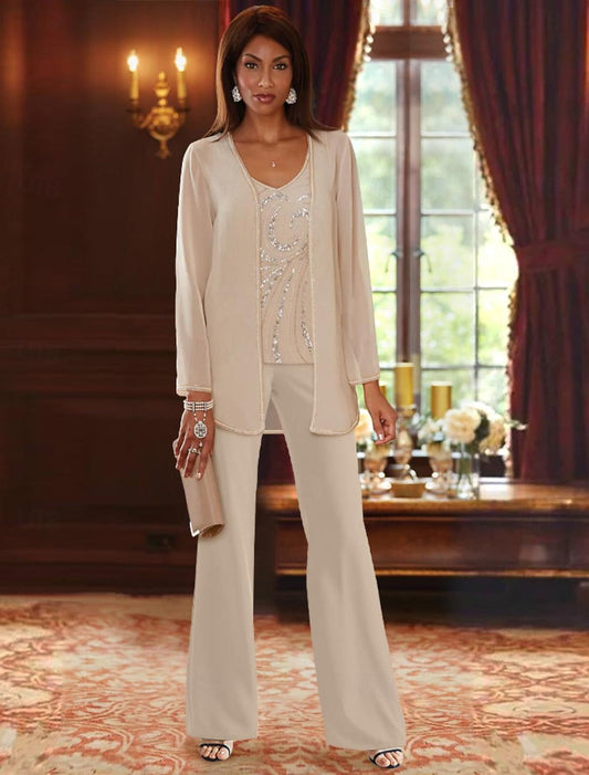 Chiffon V-Neck Floor-Length 3 Pieces Mother of the Bride Dress
