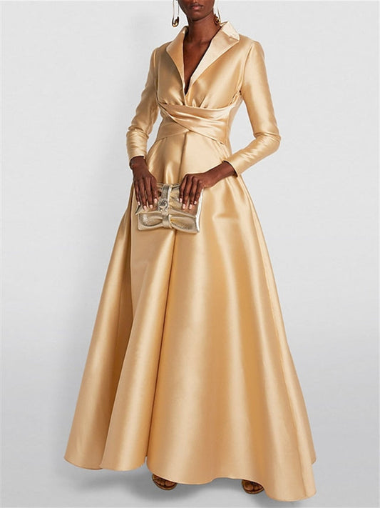 A-Line Long Sleeves V-Neck Floor-length Evening Dresses