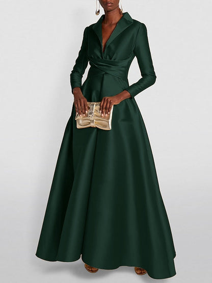 A-Line Long Sleeves V-Neck Floor-length Evening Dresses