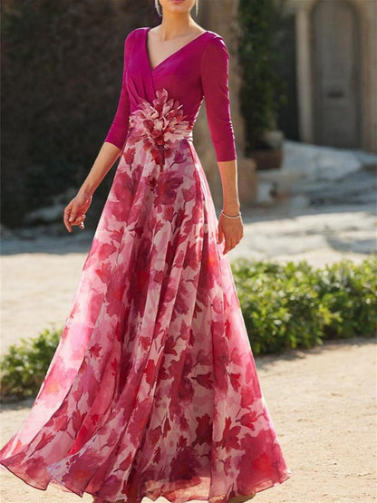 Princess V Neck 3/4 Sleeves Floral Mother of the Bride Dress