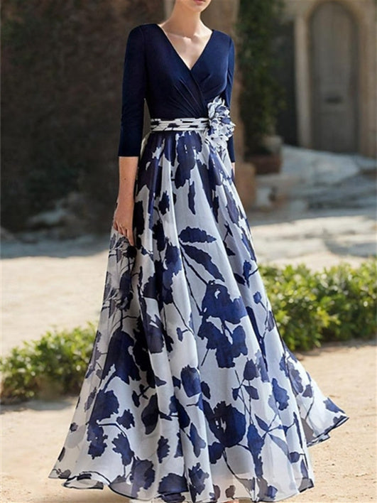Princess V Neck 3/4 Sleeves Floral Mother of the Bride Dress
