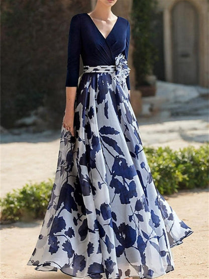 Princess V Neck 3/4 Sleeves Floral Mother of the Bride Dress