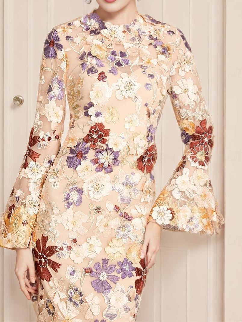 Column Tea Length 3/4 Sleeve Mother of the Bride Dress with Lace