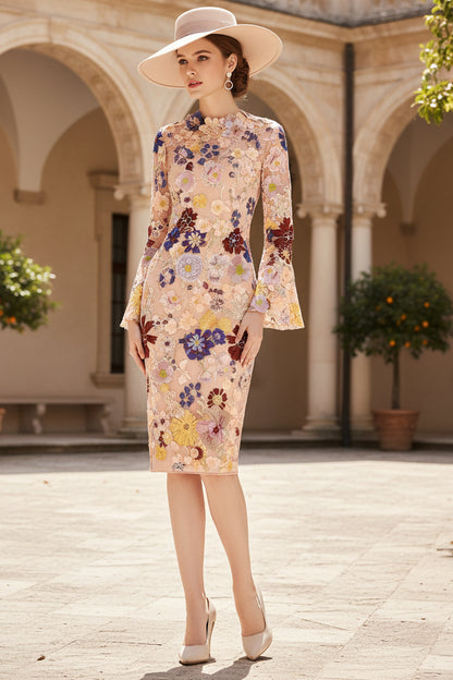 Column Tea Length 3/4 Sleeve Mother of the Bride Dress with Lace