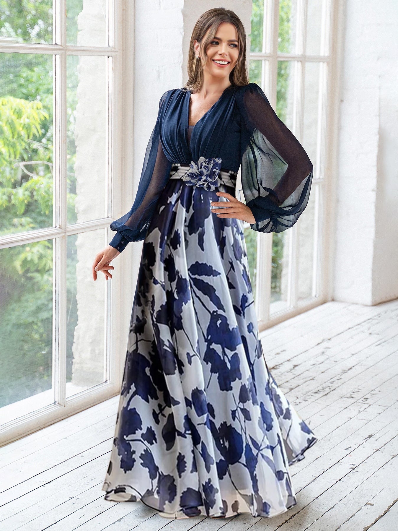 A Line V-Neck Long Sleeves Floor Length Floral Mother of the Bride Dress