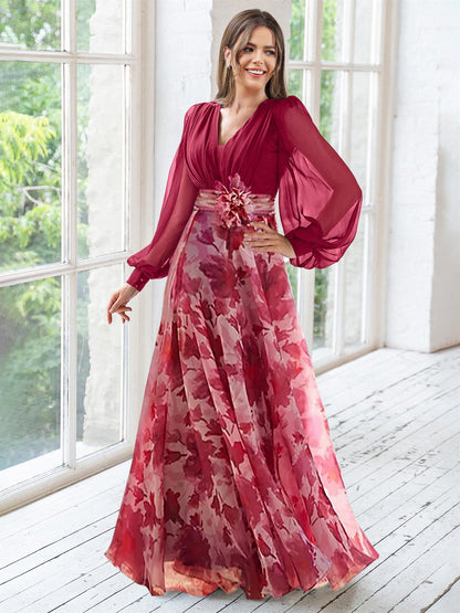 A Line V-Neck Long Sleeves Floor Length Floral Mother of the Bride Dress