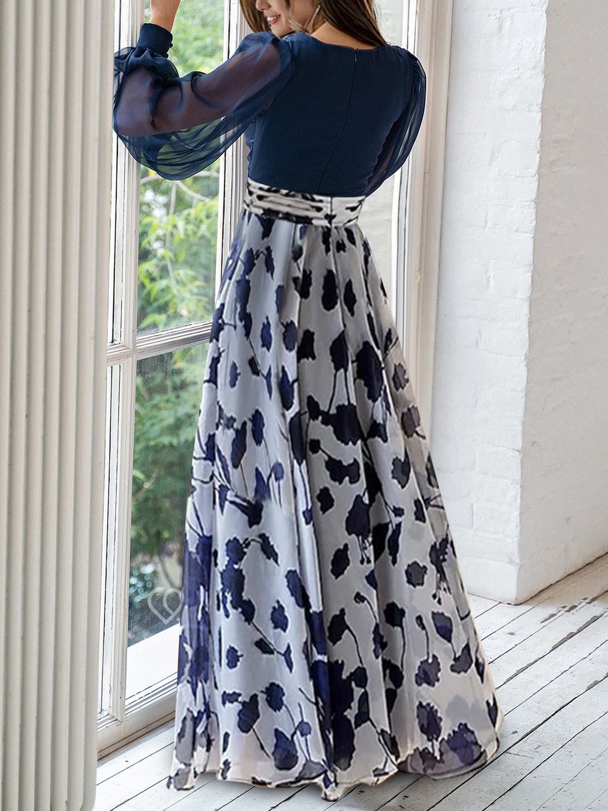 A Line V-Neck Long Sleeves Floor Length Floral Mother of the Bride Dress