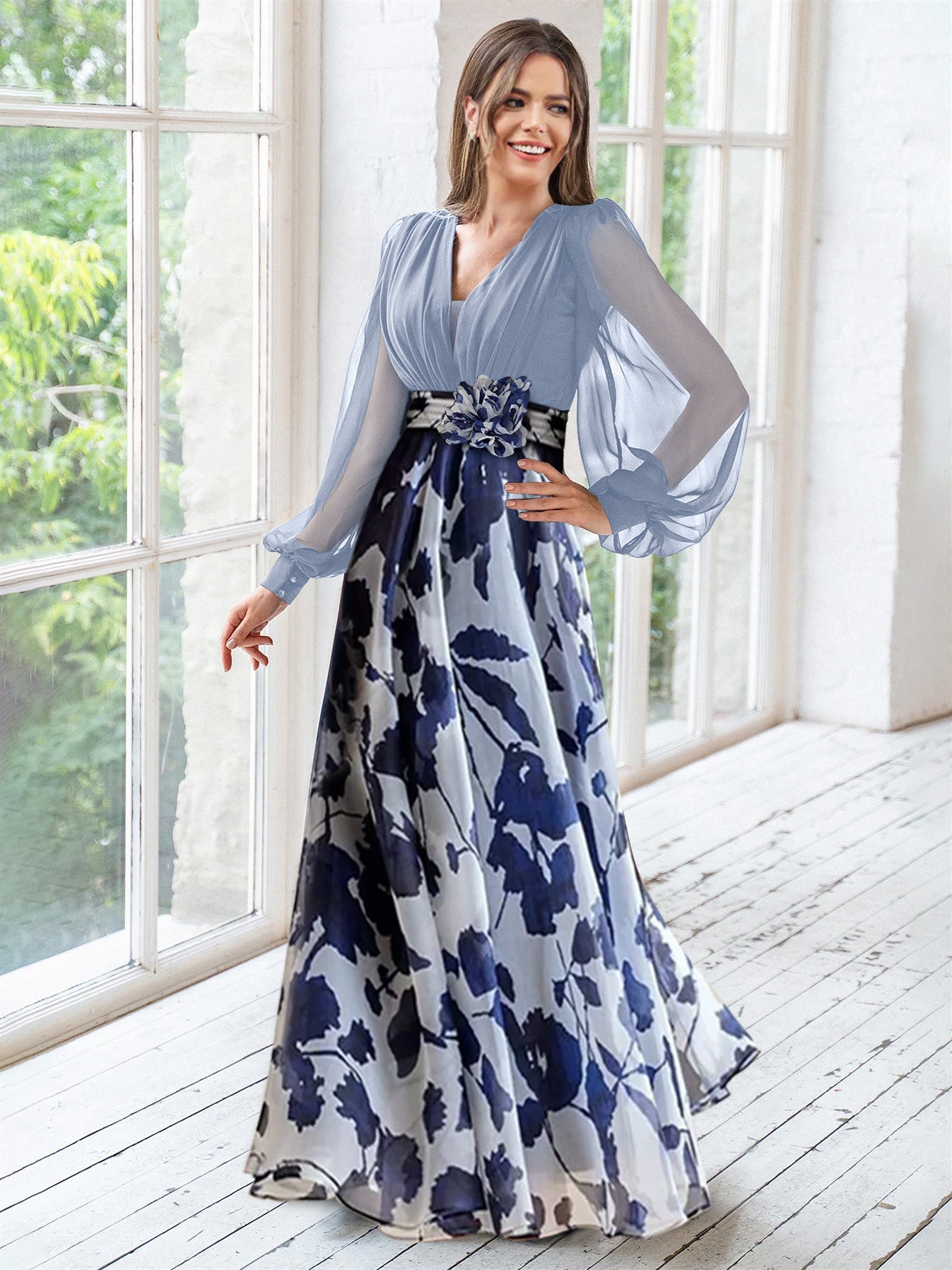 A Line V-Neck Long Sleeves Floor Length Floral Mother of the Bride Dress