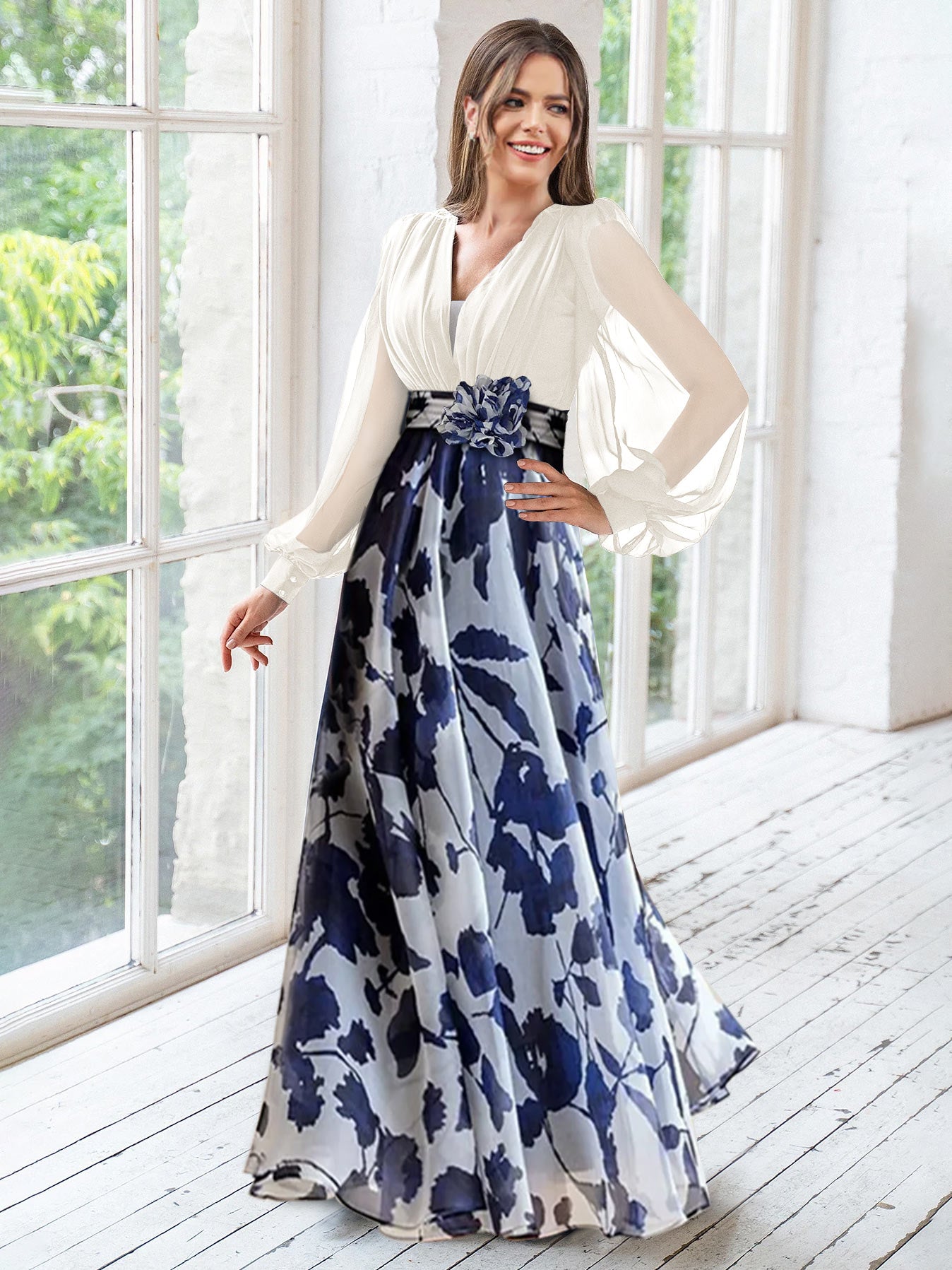 A Line V-Neck Long Sleeves Floor Length Floral Mother of the Bride Dress