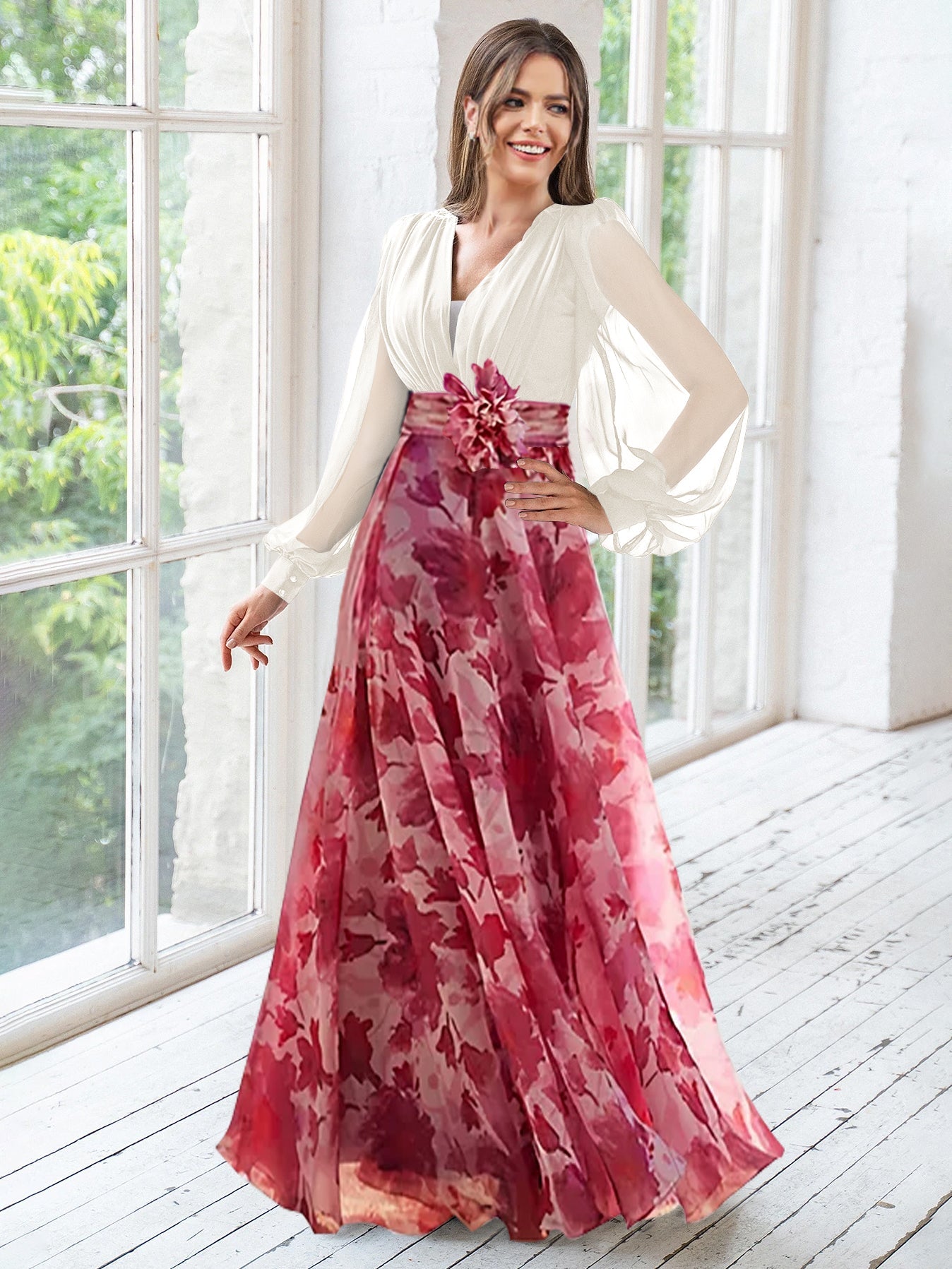 A Line V-Neck Long Sleeves Floor Length Floral Mother of the Bride Dress