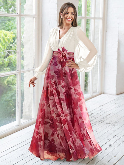 A Line V-Neck Long Sleeves Floor Length Floral Mother of the Bride Dress