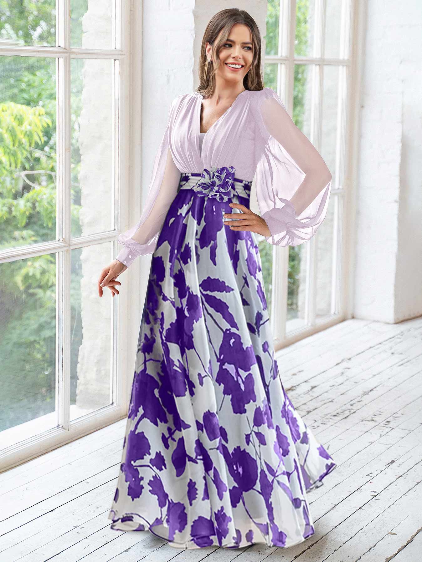 A Line V-Neck Long Sleeves Floor Length Floral Mother of the Bride Dress
