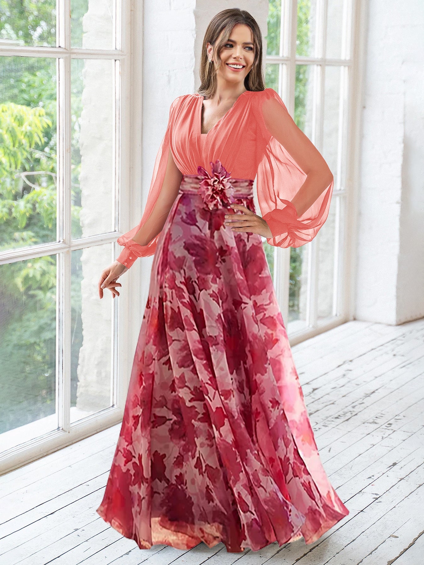 A Line V-Neck Long Sleeves Floor Length Floral Mother of the Bride Dress