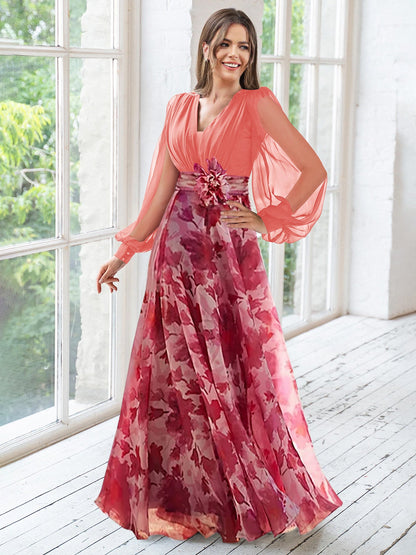 A Line V-Neck Long Sleeves Floor Length Floral Mother of the Bride Dress