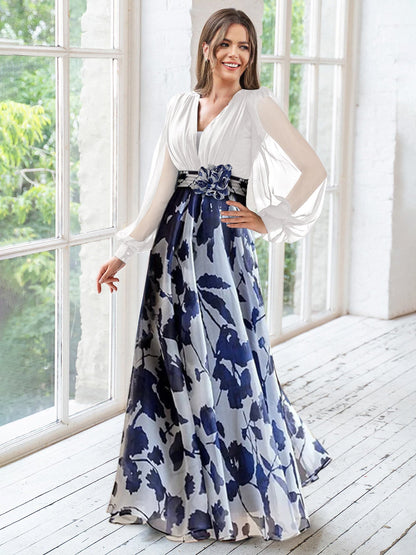 A Line V-Neck Long Sleeves Floor Length Floral Mother of the Bride Dress