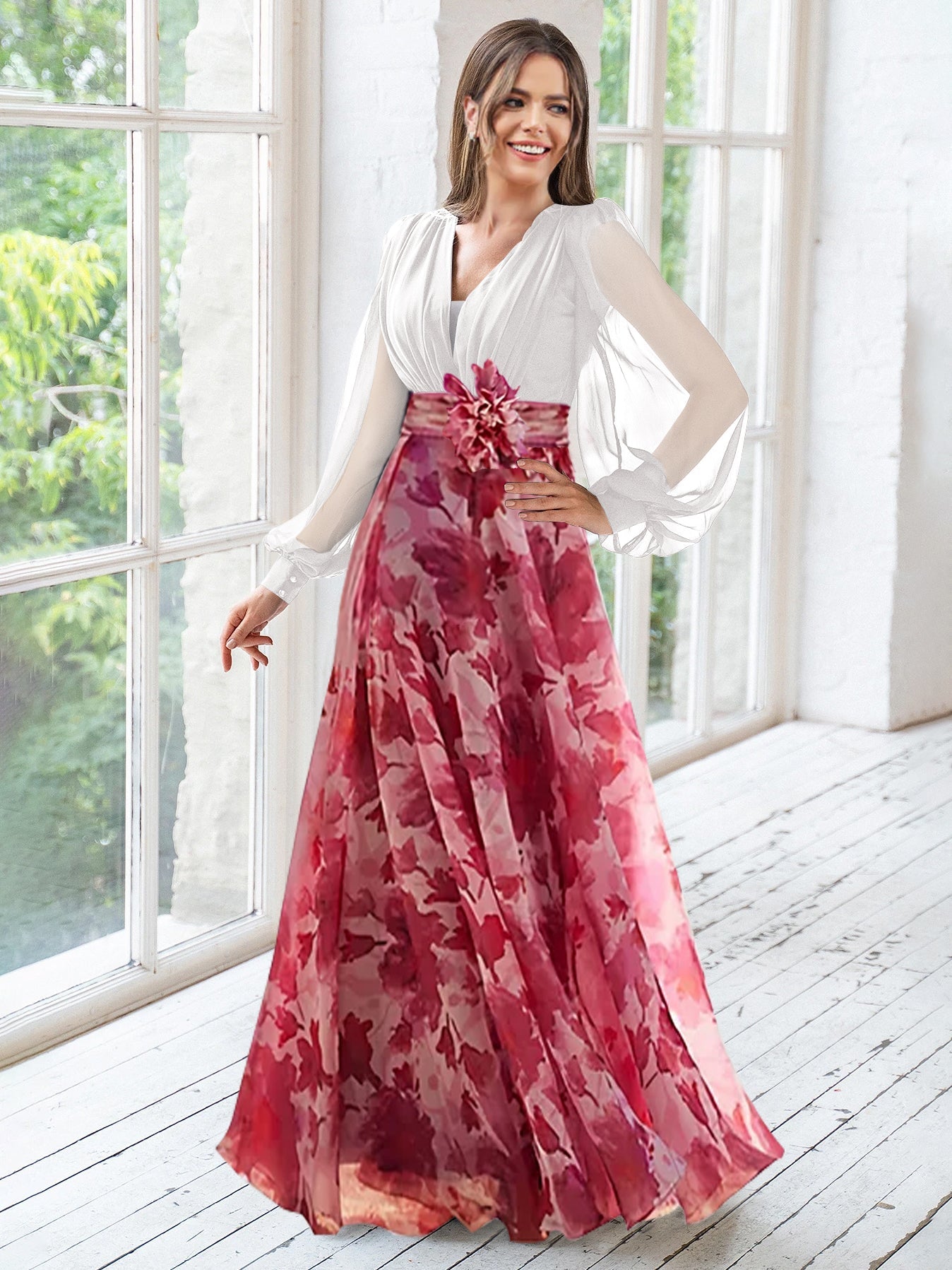 A Line V-Neck Long Sleeves Floor Length Floral Mother of the Bride Dress