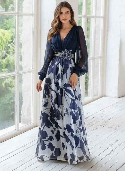 A Line V-Neck Long Sleeves Floor Length Floral Mother of the Bride Dress